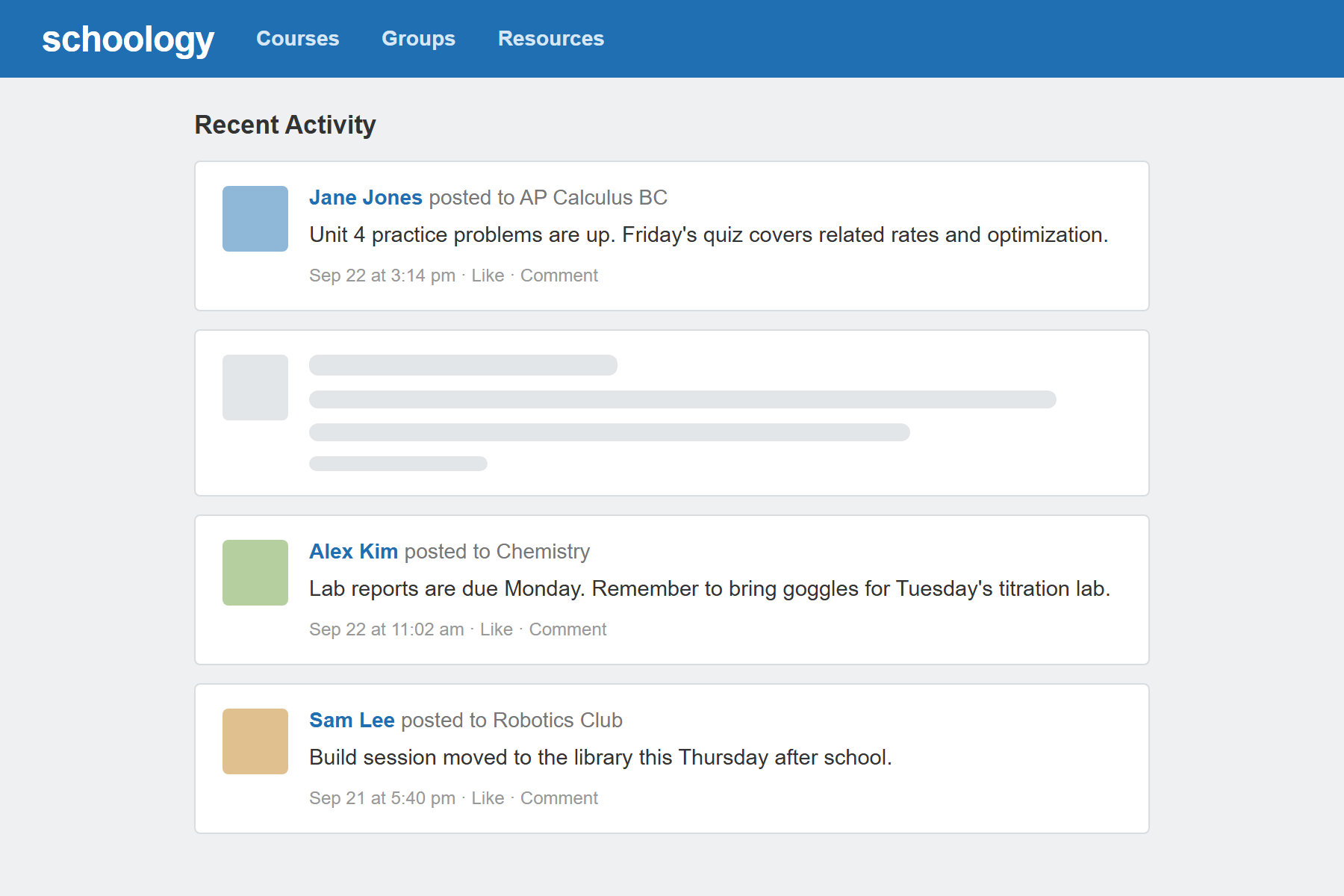 Schoology Recent Activity feed with one post blanked out